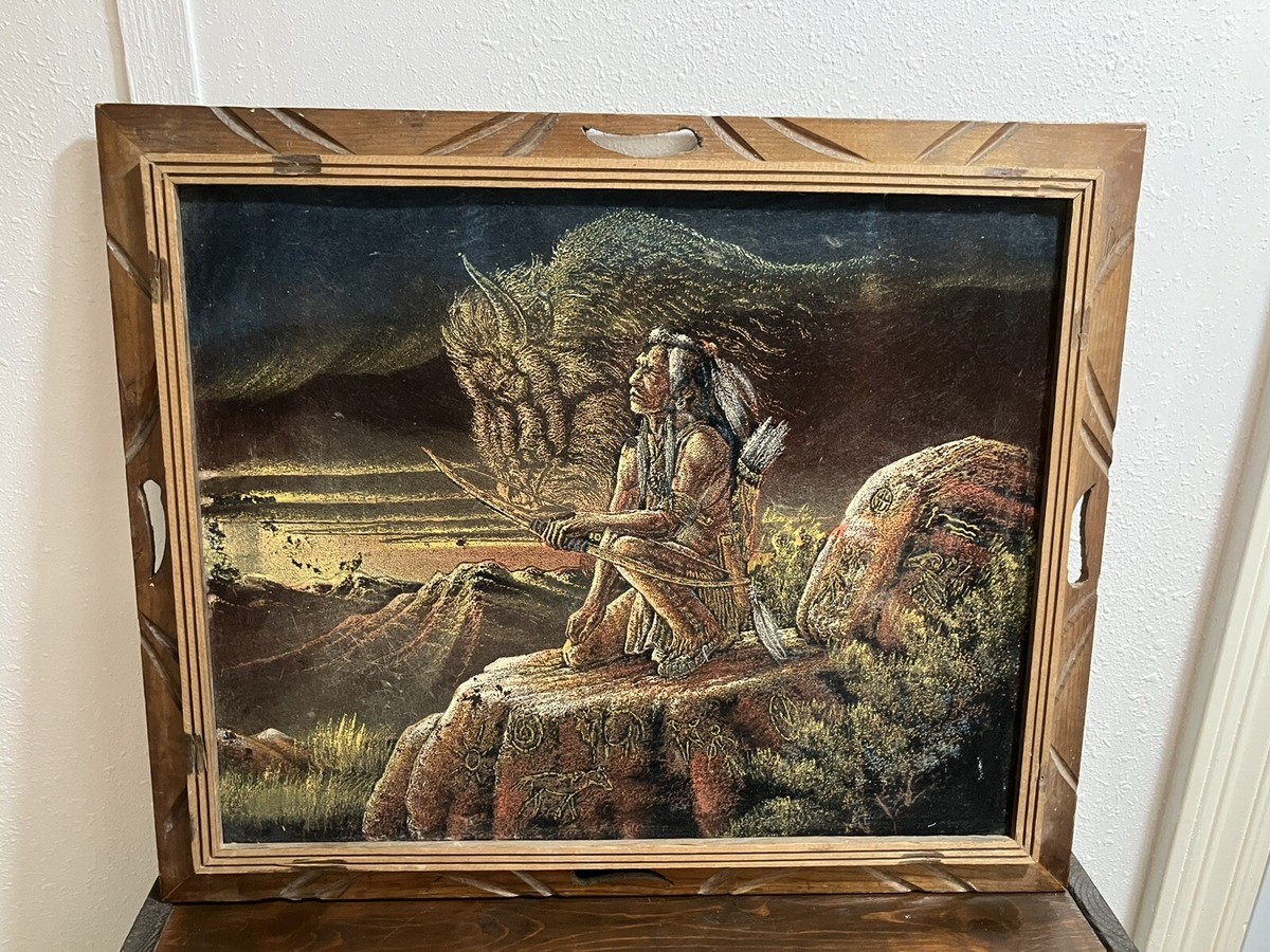 Vtg 70's Velvet Painting Native American Warrior Horse 19” X 22