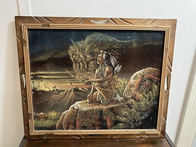 70s ネイティブアメリカン インディアン ベルベットペインティング ベルベット Vtg 70's Velvet Painting Native American Warrior Horse 19” X 22