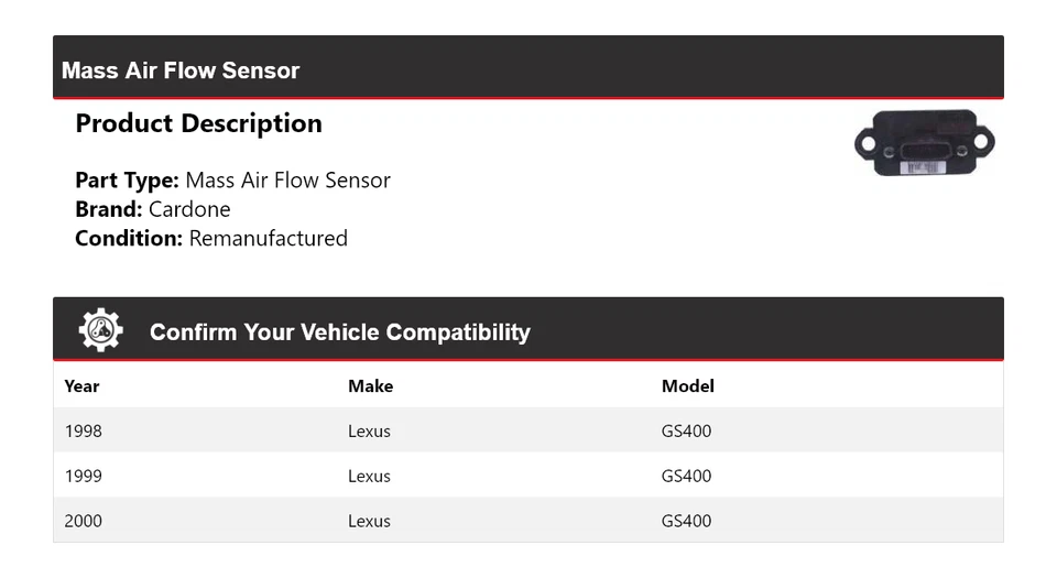 Sensor de flujo de aire masivo Cardone 1999 para Lexus GS400 1998-2000 Foto 2 de 4
