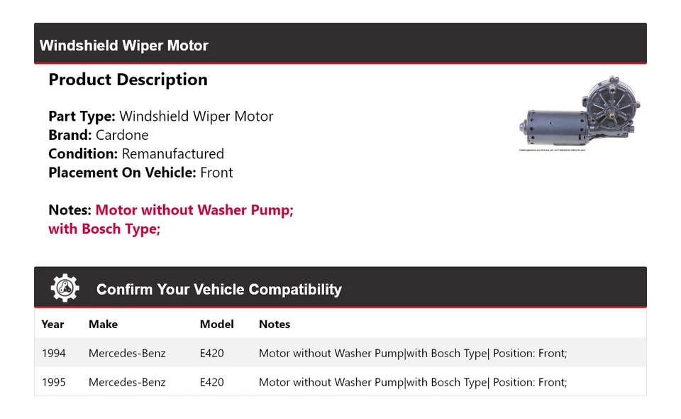 Motor limpiaparabrisas delantero cardone para Mercedes-Benz E420 1994-1995 Foto 2 de 4