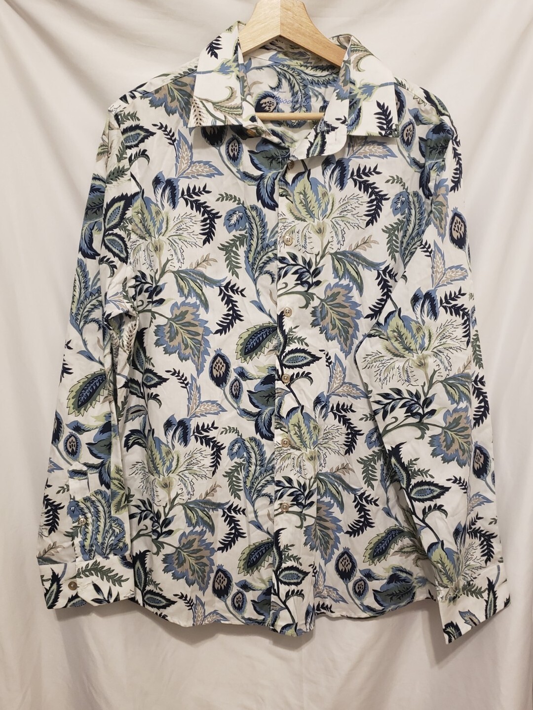 Tasso Elba Button Down Shirt Men Large White Sage Floral Leaf Print