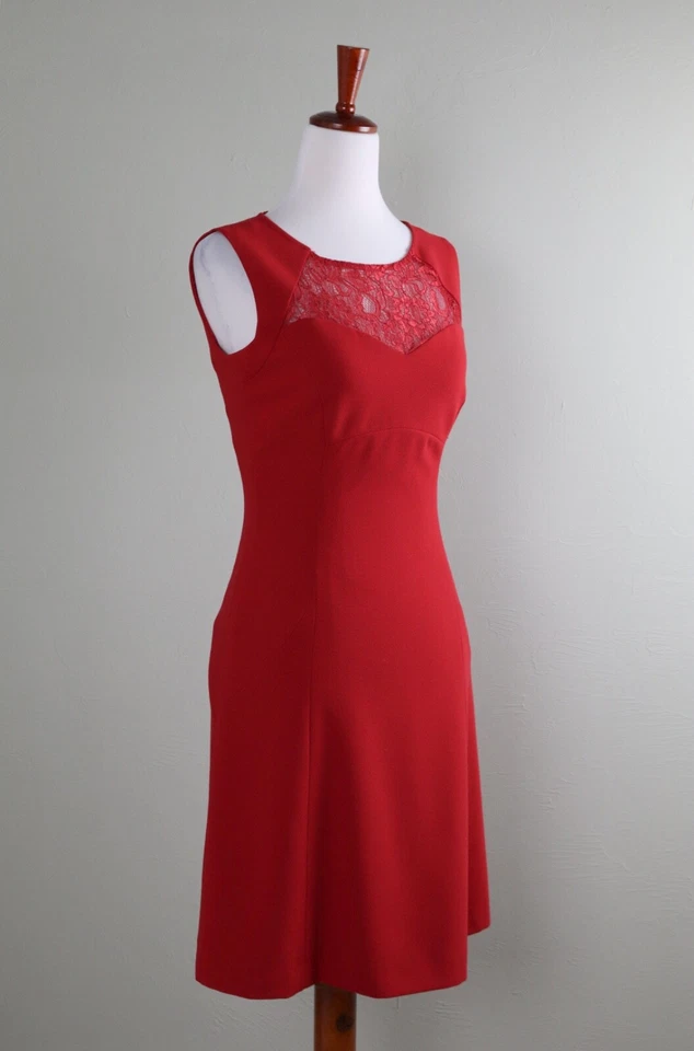 ANTONIO MELANI $159 Solid Red Sheer Lace Yoke Shift Heart Neckline Dress Size 0 - Image 2 of 4