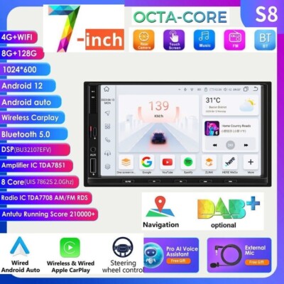 8+128GB Android 12 CarPlay Radio Double 2 Din 7'' Car Stereo GPS Player DSP WiFi