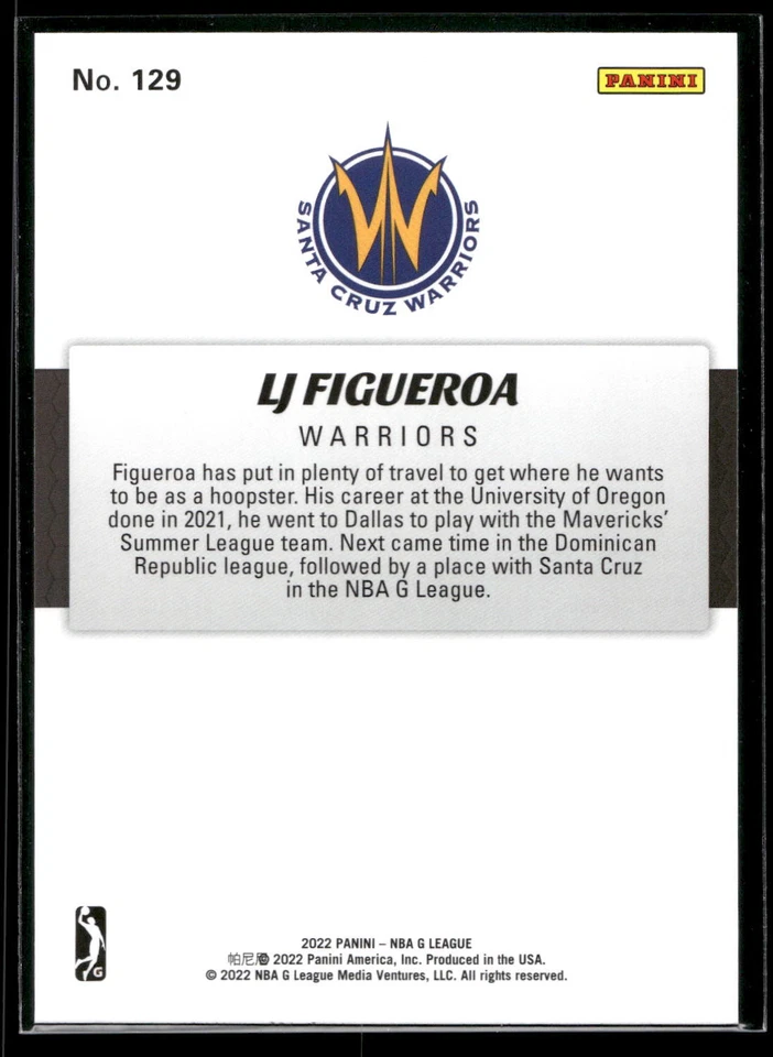 2021-22 Panini NBA G League LJ Figueroa BASE CARD Santa Cruz Warriors #129 - Image 2 of 2