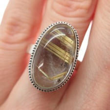 925 Sterling Silver Vintage Real Cabochon Rutilated Quartz Swirl Ring Size 6.25