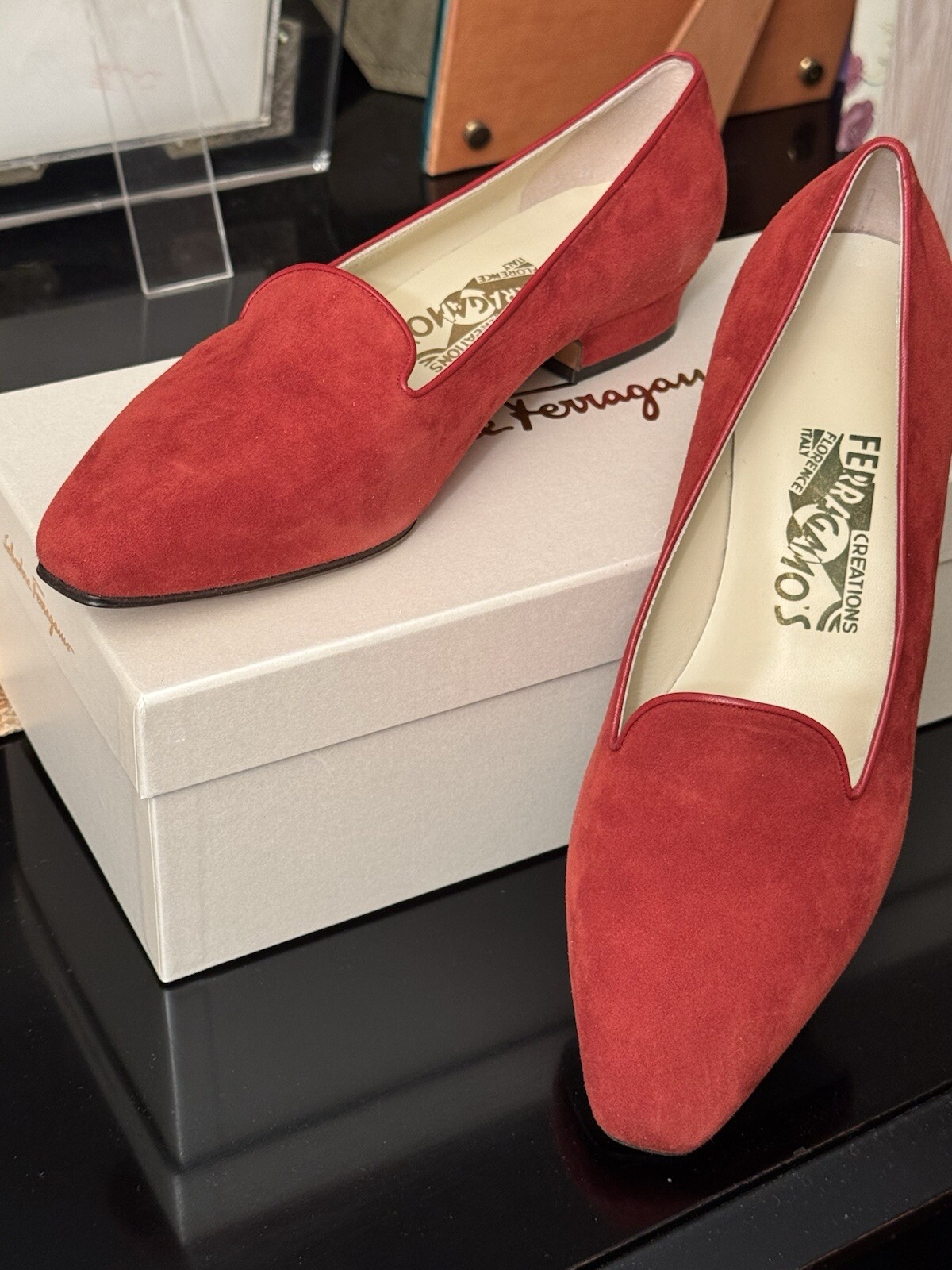 NIB GORGEOUS Salvatore Ferragamo Archives Creations 1994 Red Suede Shoes Loafers