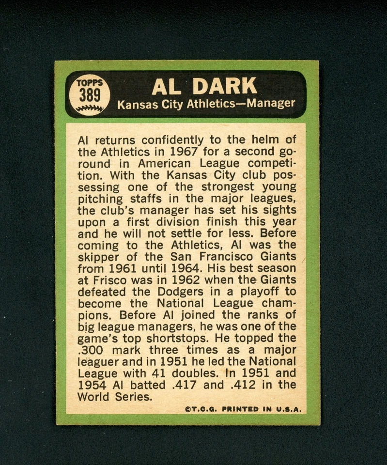 Al Dark 1967 Topps - Kansas City Athletics #389 casi nuevo-como nuevo+ Foto 2 de 2