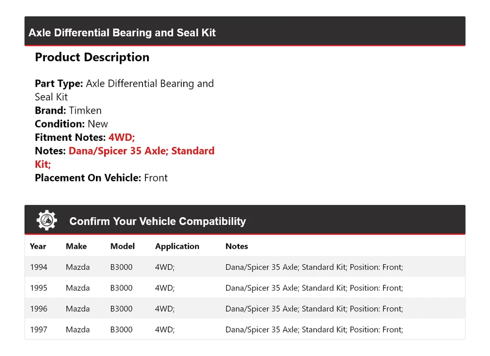 Комплект подшипников и уплотнений дифференциала оси для 1994-1997 Mazda B3000 передний Timken - Изображение 2 из 3