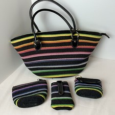 VTG Multi Color Rainbow Striped Fabric Ribbed Handbag  Accessories Set of 4
