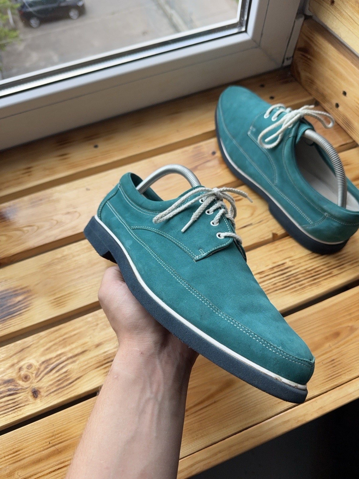 Luxury Retro 00s Rare Bally Switzerland Teal Nubuck Derby Shoes US 10E EU44 UK9 image 2