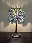 Vintage Wisteria Tiffany-Style Stained Glass Lamp W/blue cut Glass Base 19”Tall
