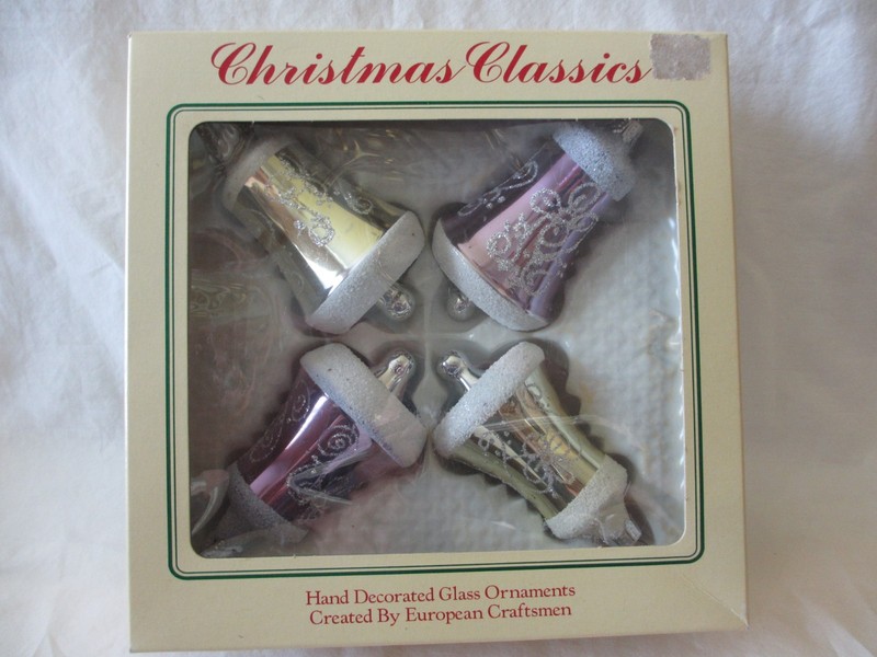 Vintage Christmas Classics 4 Glass Ornaments Bells with Glitter Tops and Bottoms