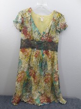 Sundance Dress Womens 14 Yellow Floral Lace 100% Silk Flutter Sleeve V Neck