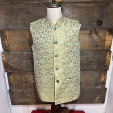 Men  s Green Gold Brocade Nehru Vest Waistcoat Large 40/42 Indian Wedding