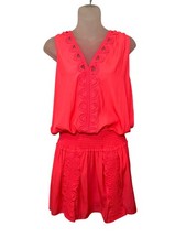 Ramy Brook Matilda Neon Coral Embroidered Mini Dress Smocked Size L