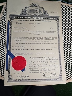 United States Letters Patent Certificate 1940 Display Devices Charles Welch