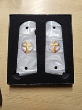 1911 Pearl Grips Fits All Gov. Clones White Mother Of Pearl Gold Cross Emblem