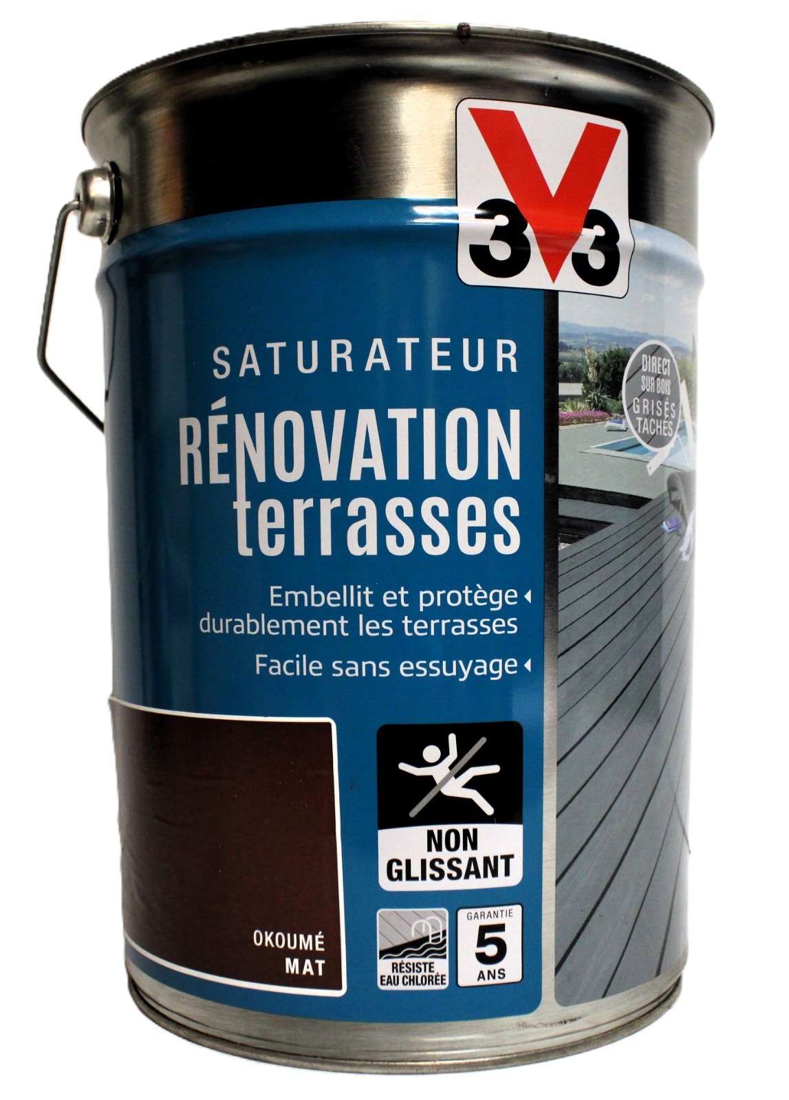 Saturateur V33 anti-grisaillement pour réparer une terrasse en bois abîmée 5L