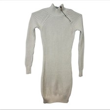 Yes Lola Rib-Knit Long Sleeve Beige Sweater Dress with Diagonal Zipper Design