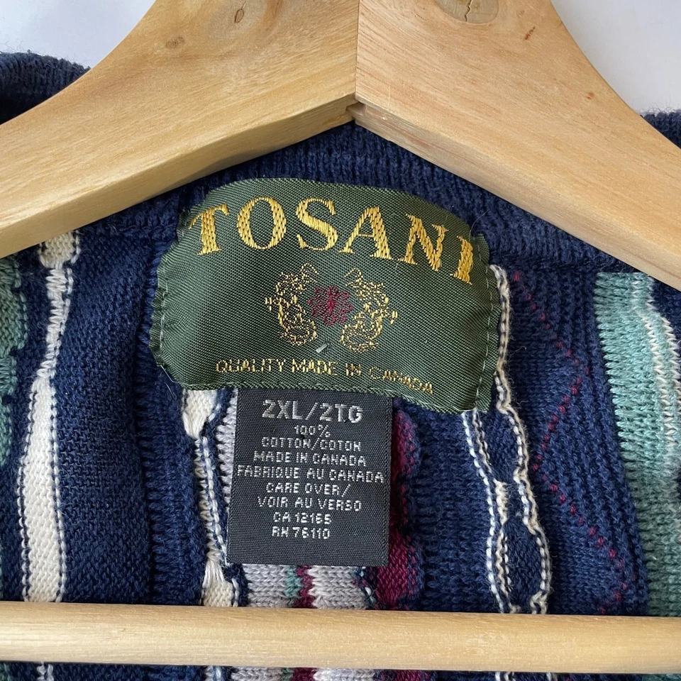VTG Tosani Sweater Coogi Style V-Neck 3D Cotton Knit 90s Colorful Biggie 2XL - Image 3 of 4