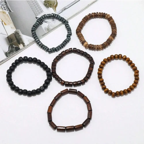 6PCS Wodeen Braided Wrap Leather Bracelet for Men Vintage Life Wood Beads Fashio - Picture 2 of 13