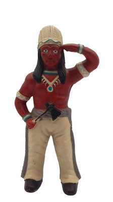 Vintage Cast Iron Native American Indian Chief Coin Bank, c1940 W/ Tomahawk 9.5''