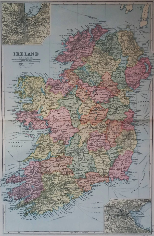 1897 Ireland large map. 128 years old. Dublin, Belfast, Cork, Galway, Waterford - Image 2 of 4