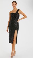 Women's Ieena for Mac Duggal Black Sequin One Shoulder Bow Dress Size 2