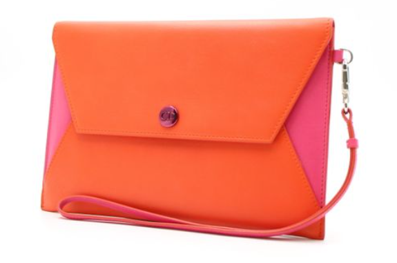 Christian Dior Envelope Block Clutch Bag Leather Orange Wristlet