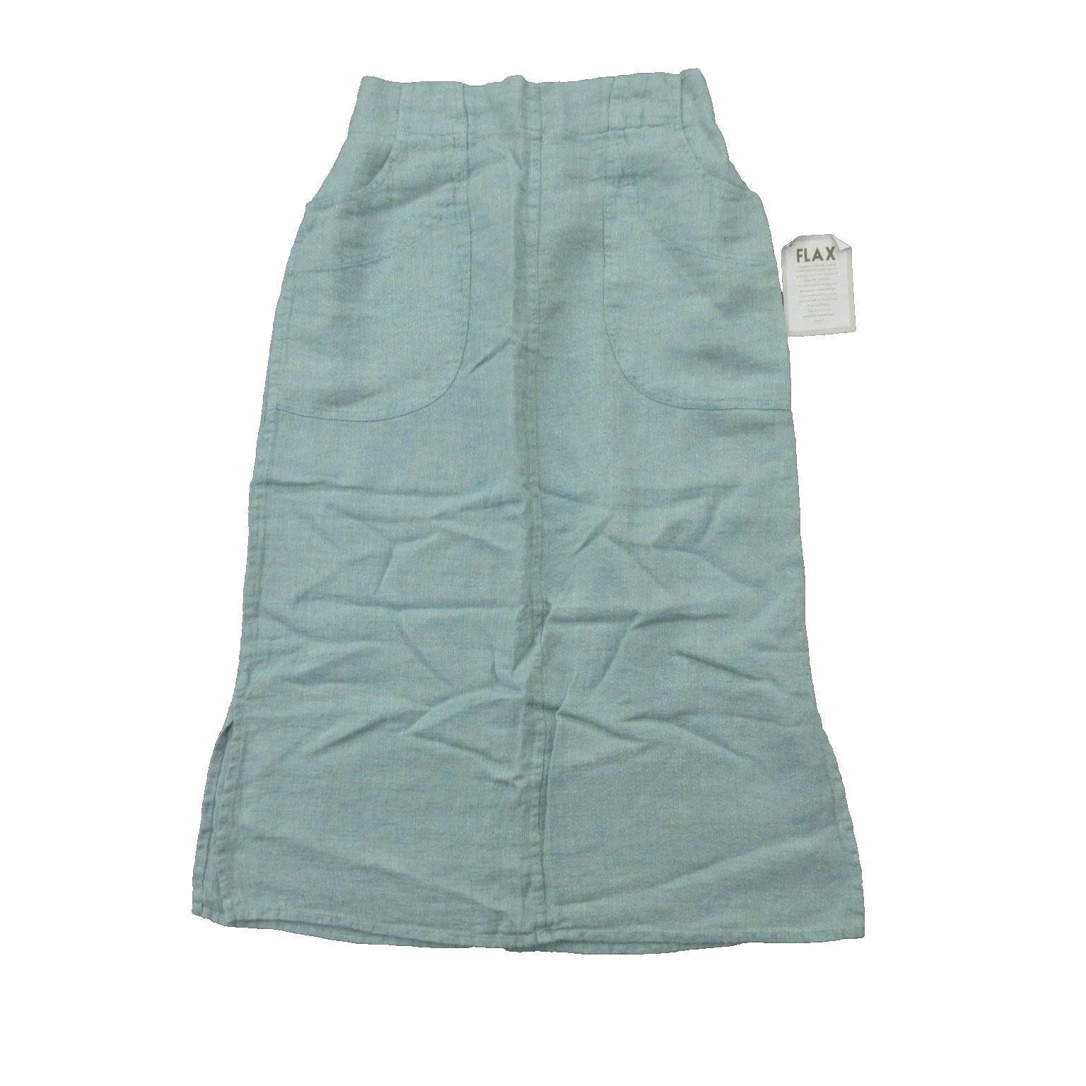 FLAX Skirt Womens Small Blue Green Linen Pull On Elastic Waist Pockets Midi New