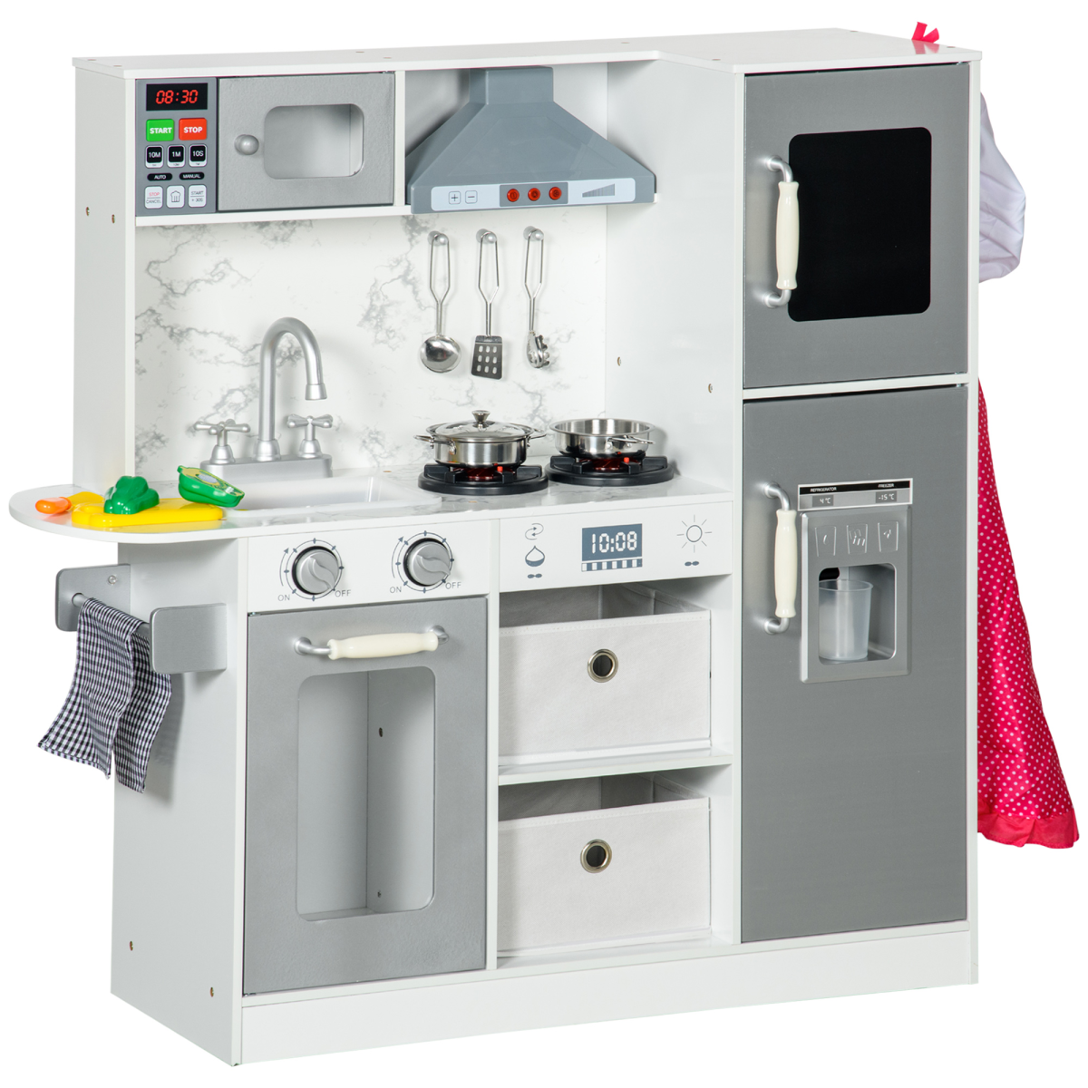 AIYAPLAY Toy Kitchen Playset with Lights Sounds Apron Chef Hat - White