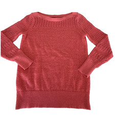 LOFT Women Coral Orange Boat Neck Open Knit Pullover Sweater Woman Size XS
