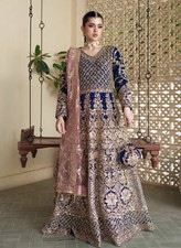 Beautiful Blue Woman Pakistani Indian Branded Embroidered Wedding Dress Maxi L