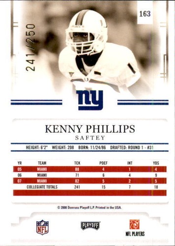 2008 Playoff Prestige Xtra Points Gold #163 Kenny Phillips #241/250 (19570) - Picture 2 of 2