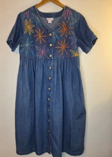 GO SOFTLY PATIO Denim House Dress Sz M Embroidered Cottagecore Bohemian Fairy