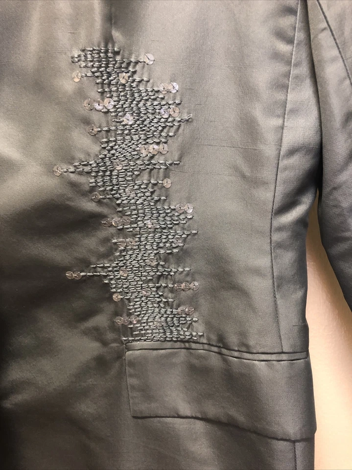 Jaqueta Blazer Magaschoni Azul Seda Bordada Lantejoulas 8 Euc - Imagem 4 de 4