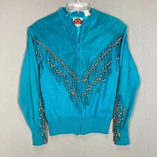 VTG Miller Outerwear Sweater Western Suede Leather Fringe Beads M Zip Turquoise 