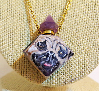 hand painted Pug gemstone perfume bottle pendant necklace gold tone chain