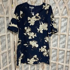 Belongsci Dark Blue Floral V-NeckBack Zip Shift Dress Size M