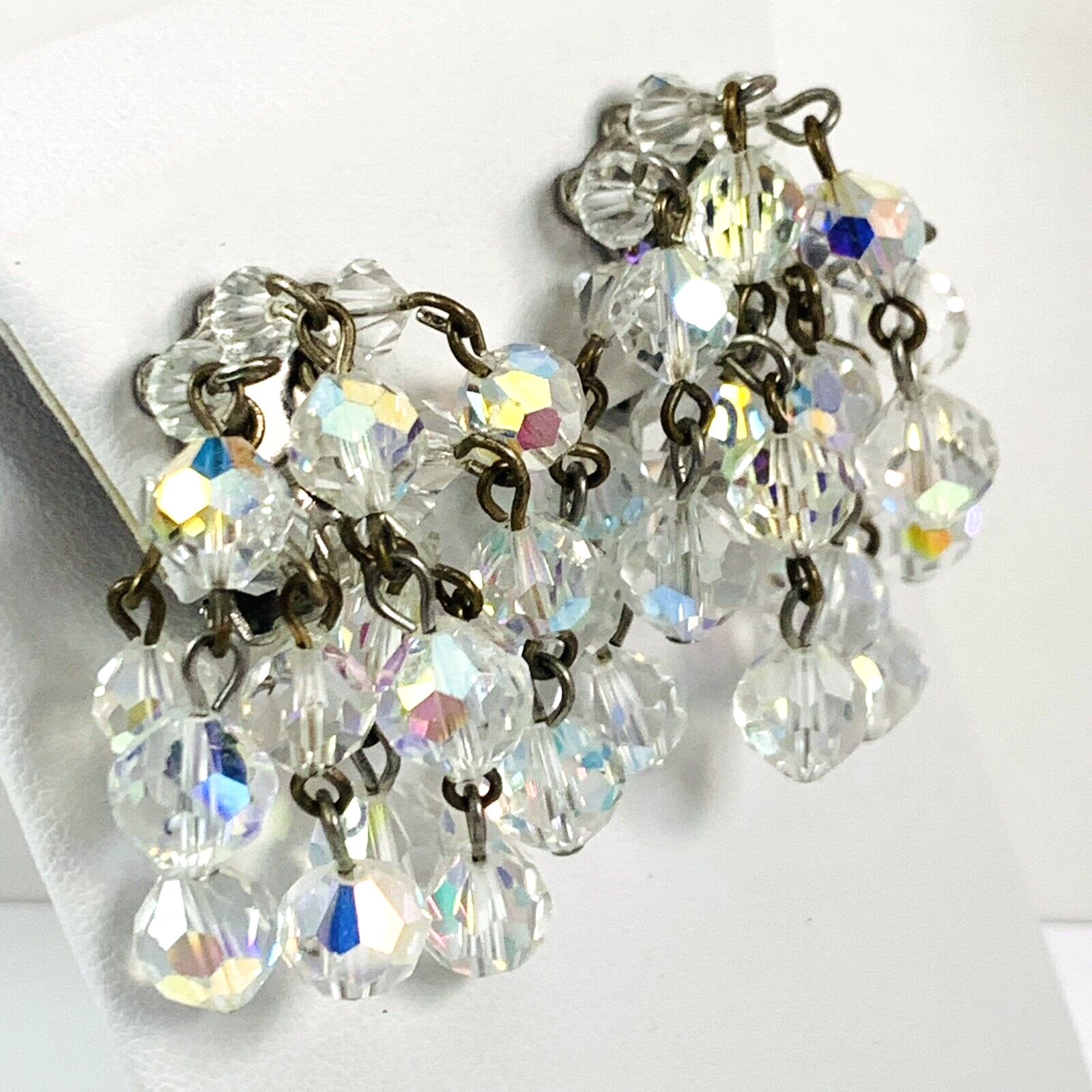 Vintage Aurora Borealis AB Crystal Beaded Cha Cha Dangle Cluster Clip Earrings