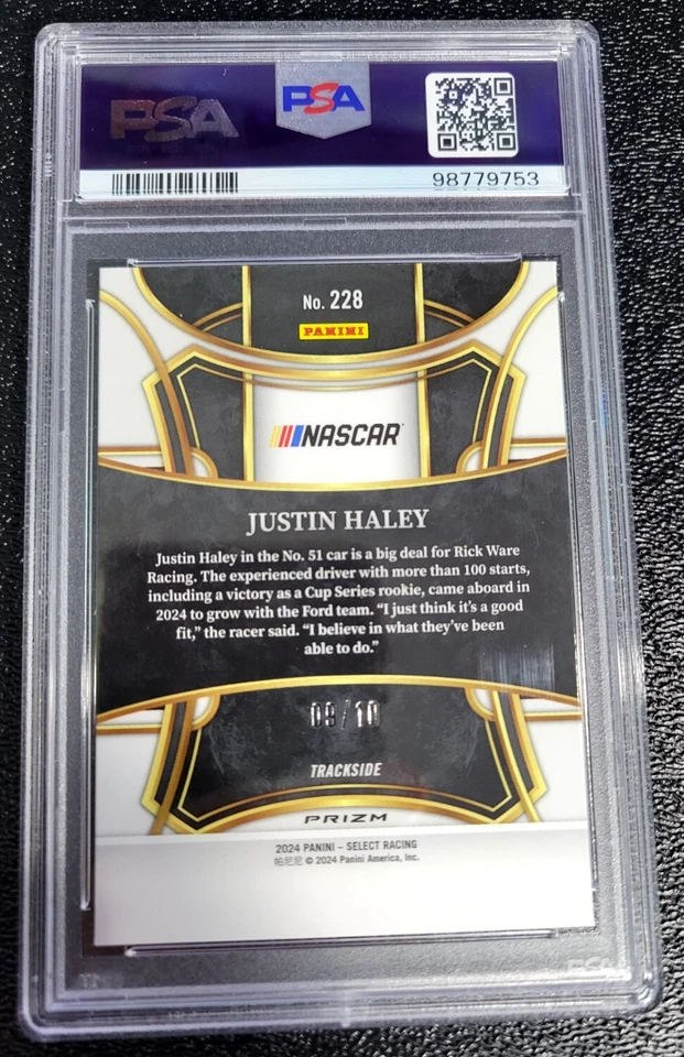 PSA 10 GEM MINT 2024 JUSTIN HALEY SSP /10 GOLD RACING PRIZM G1084 - Image 2 of 3