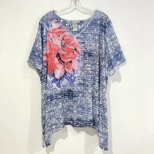 Catherines Blue Red Floral Short Sleeve Blouse Top Size 2X