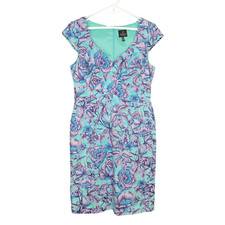 ADRIANNA PAPELL Dress Size 10 Blue Purple Floral Print Cap Short Sleeve Sheath