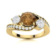 925 Sterling Silver Gold Plated 5MM Round Smoky Quartz Three Stone Women Ring