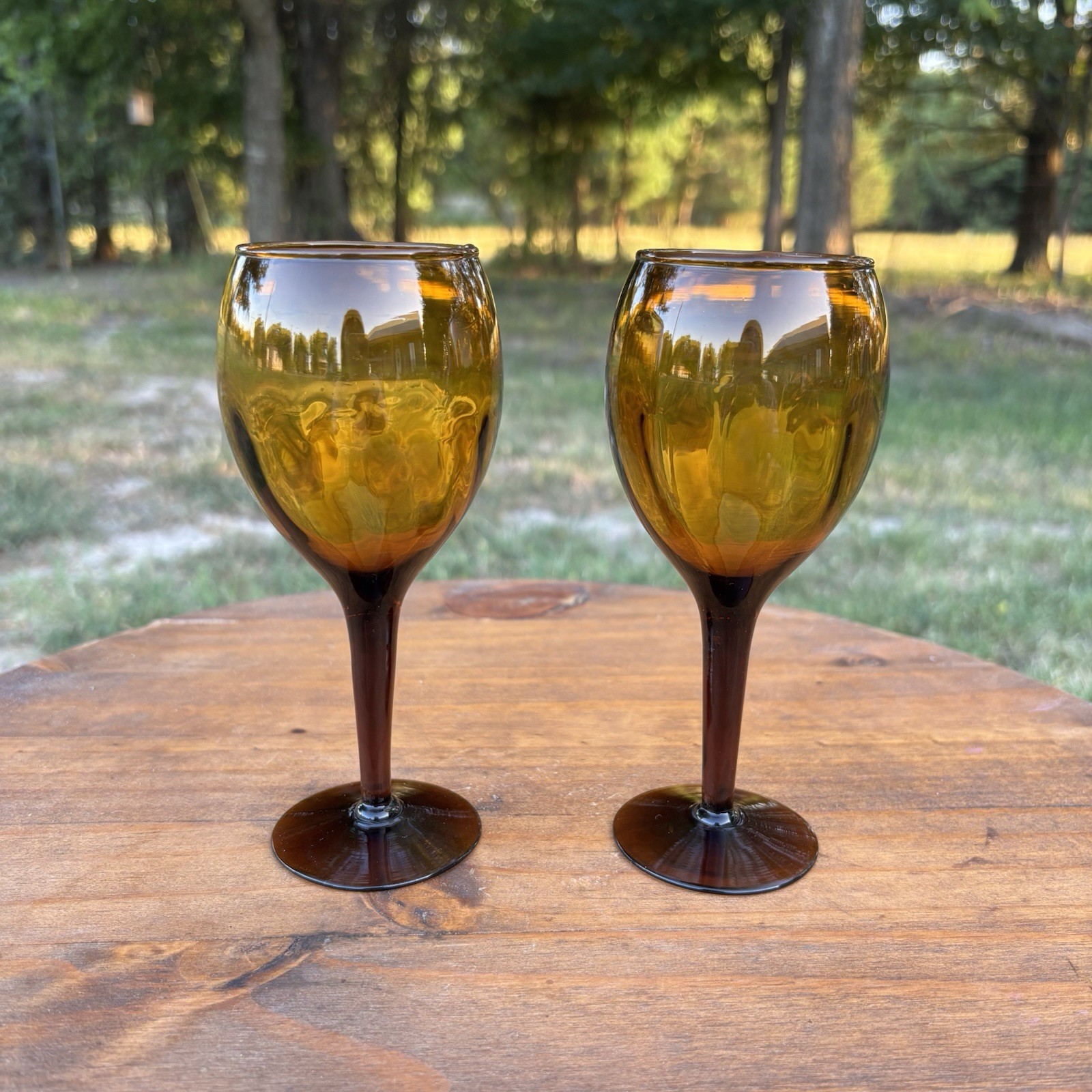Set of 2 Vintage Amber Wine Glasses Brown Smoked Stem Mid Century Modern MCM
