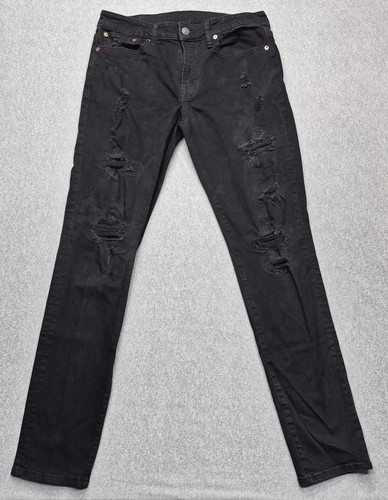 American Eagle Outfitters Athletic Skinny Jeans Men 32x34 Black Distressed Denim