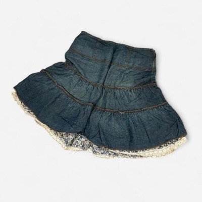 Promod euro vintage Dark wash denim skirt with lace trim ruffles   Size 13/14