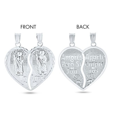 Rhodium Plated 925 Sterling Silver Broken Heart Saint Jude Design Latin Words
