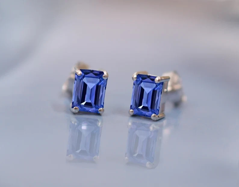 Tanzanite Rectangle Stud Gemstone 925 Sterling Si… - image 1