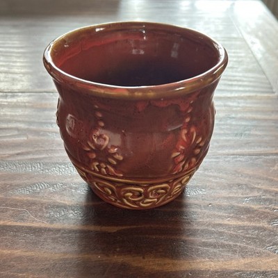 Vintage Mid Century Red/Brown Glazed Embossed Cache Pot Planter 4.25 x4.5 